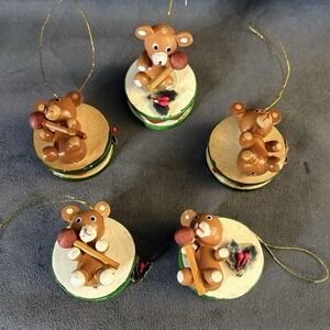 Parma by AAI Wooden Bear Drum Ornaments Set of 5 Vintage Hand Painted Taiwan